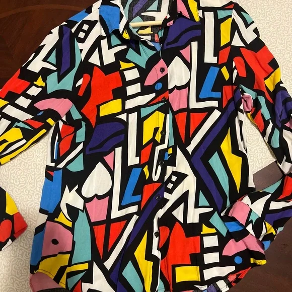 80’s Vintage Vibes Artistic Cubism Style Size M Abstract Geometric Button Up - Picture 2 of 9